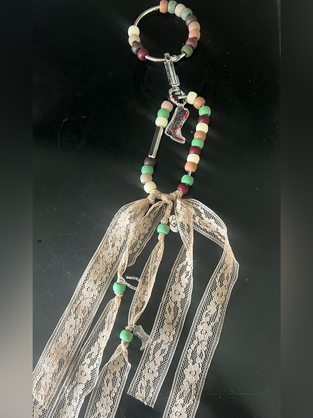 Boho WESTERN Lace Tassel PURSE CHARM with Green and Cream Beads